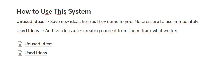 Content Ideas Notion template showing organized idea bank with categories