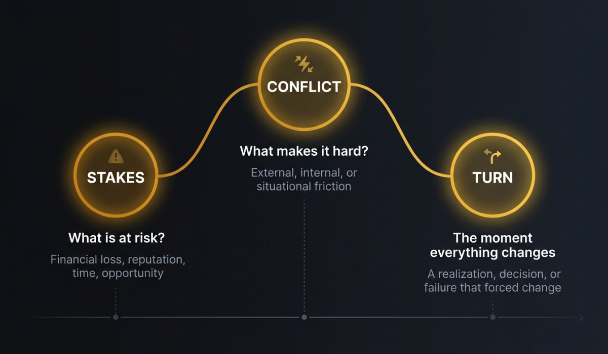 Three story elements diagram: Stakes, Conflict, Turn - the building blocks of Web3 storytelling - web3lists.com