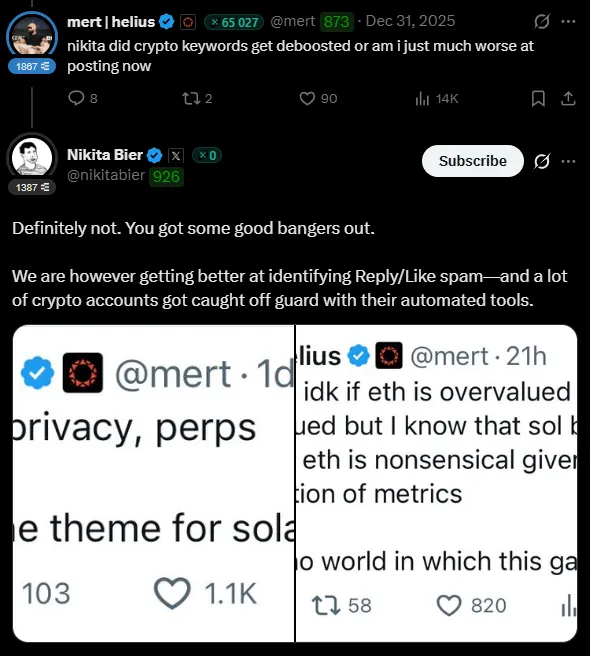 Nikita Bier on crypto Twitter spam behavior triggering algorithm deboost