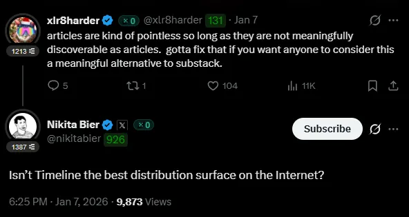 Nikita Bier tweet revealing X Timeline as the key distribution channel