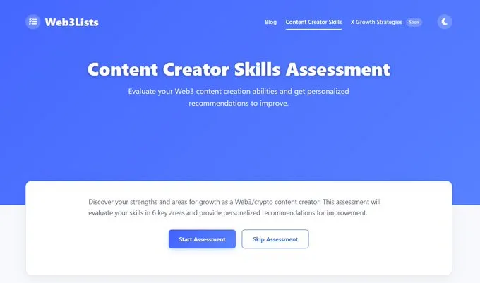 Web3Lists content creator skills assessment tool interface